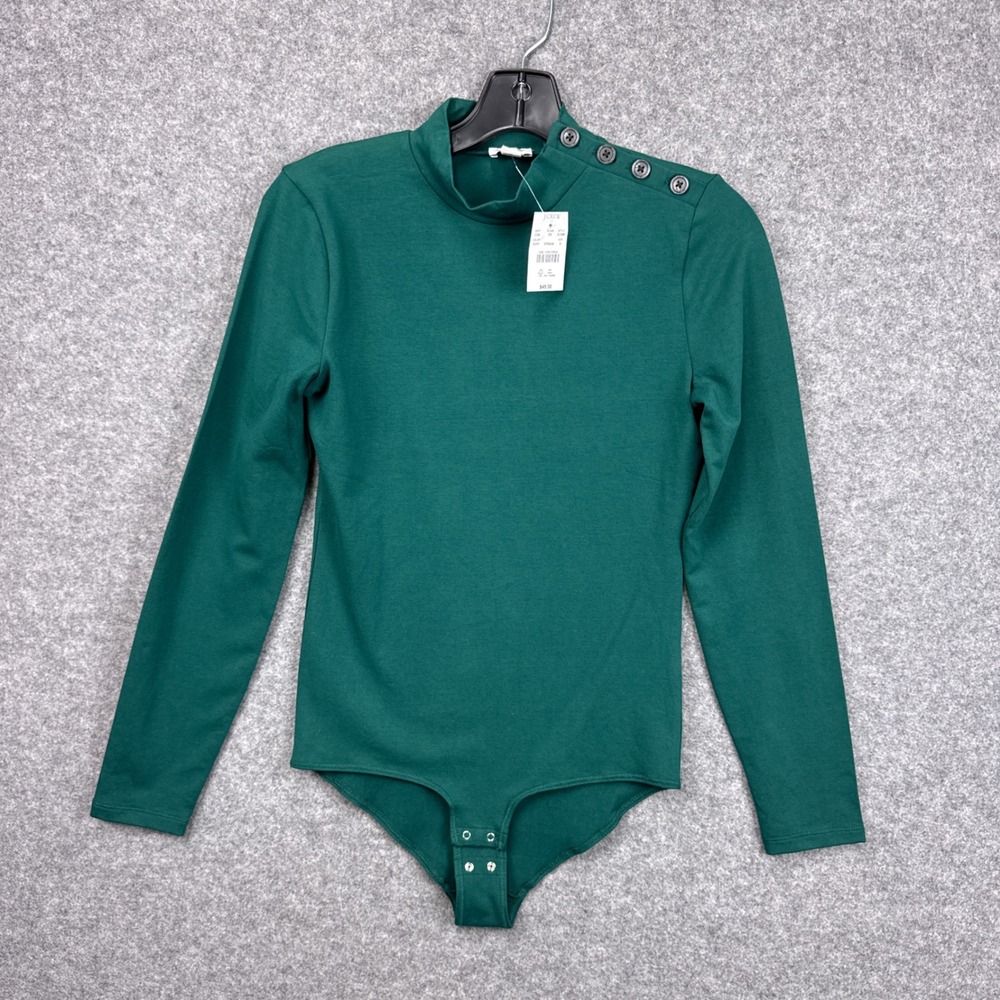 J.Crew Green Button Shoulder Mock Neck Long Sleeve Bodysuit Womens Small NWT
